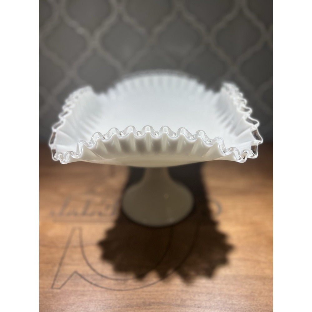 Fenton Silver Crest Ruffled Milk‎ Glass Pedestal Bowl.